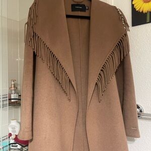 Tahari Camel Fringe Open Front  wool Coat